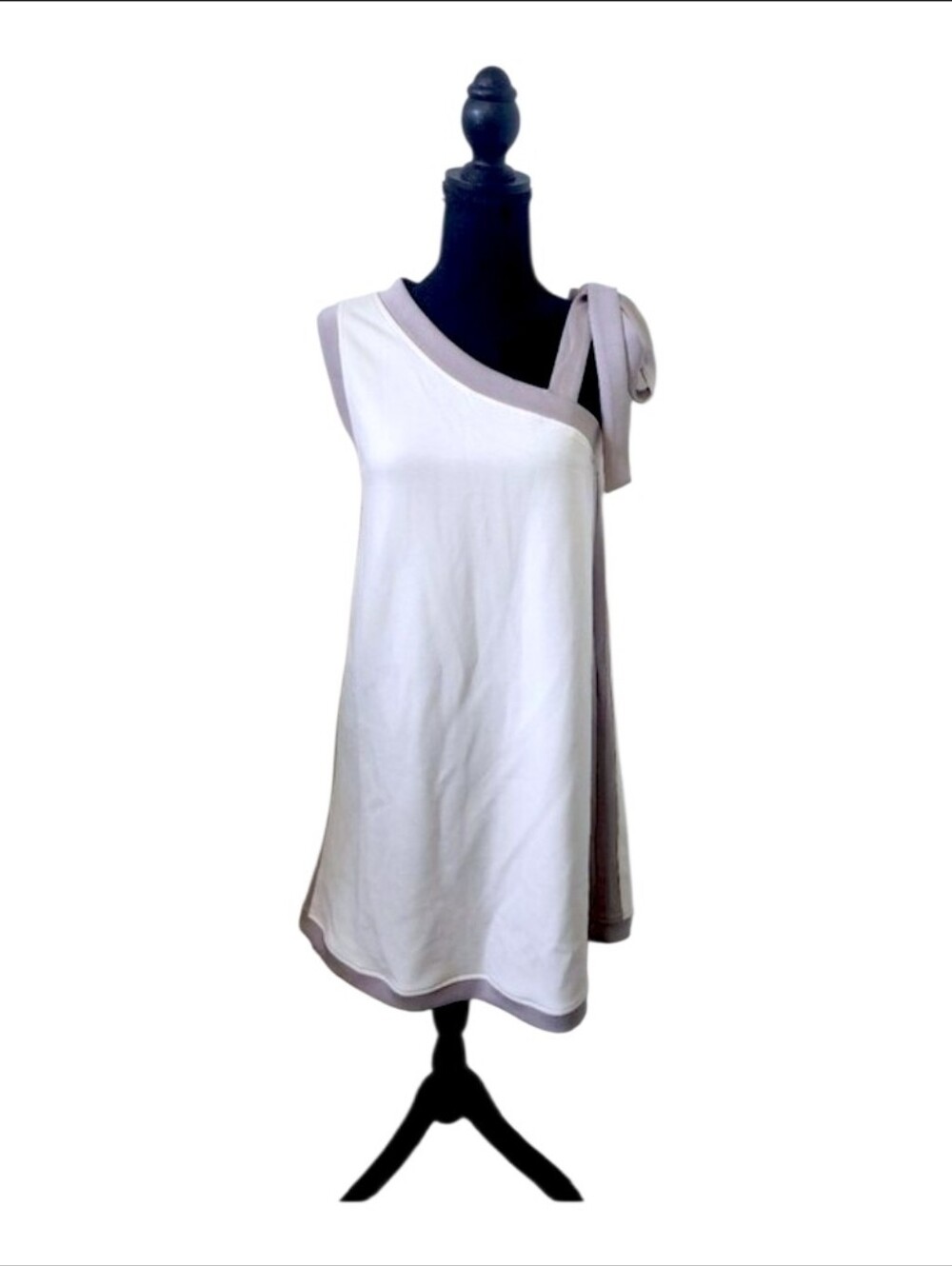 P Cill One-Shoulder White Dress with Taupe Trim and Tie Shoulder